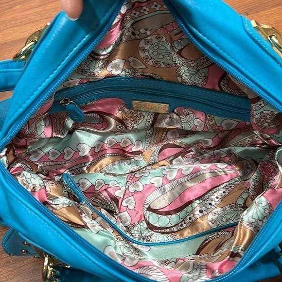 Galian Bright Blue Shoulder Bag with Gold Tone Trim and Tassels - Picture 4 of 8